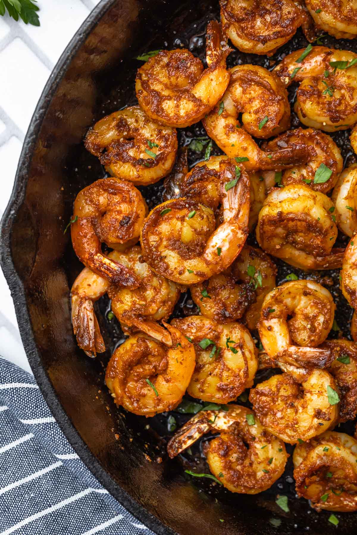 spicy shrimp in a cast iron skillet