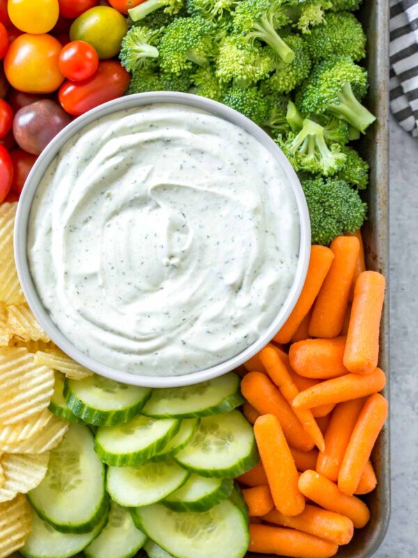 homemade ranch dip recipe with a vegetable platter on a quarter sheet pan