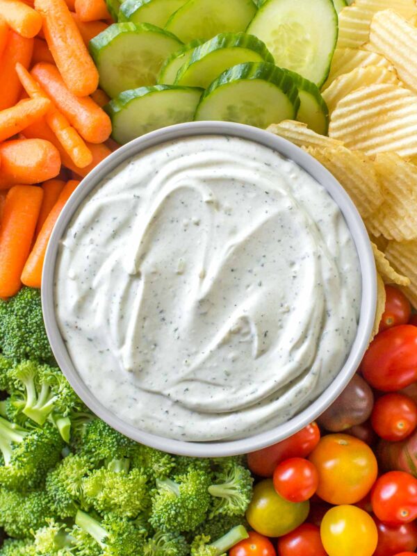 homemade ranch dip recipe with a vegetable platter on a quarter sheet pan