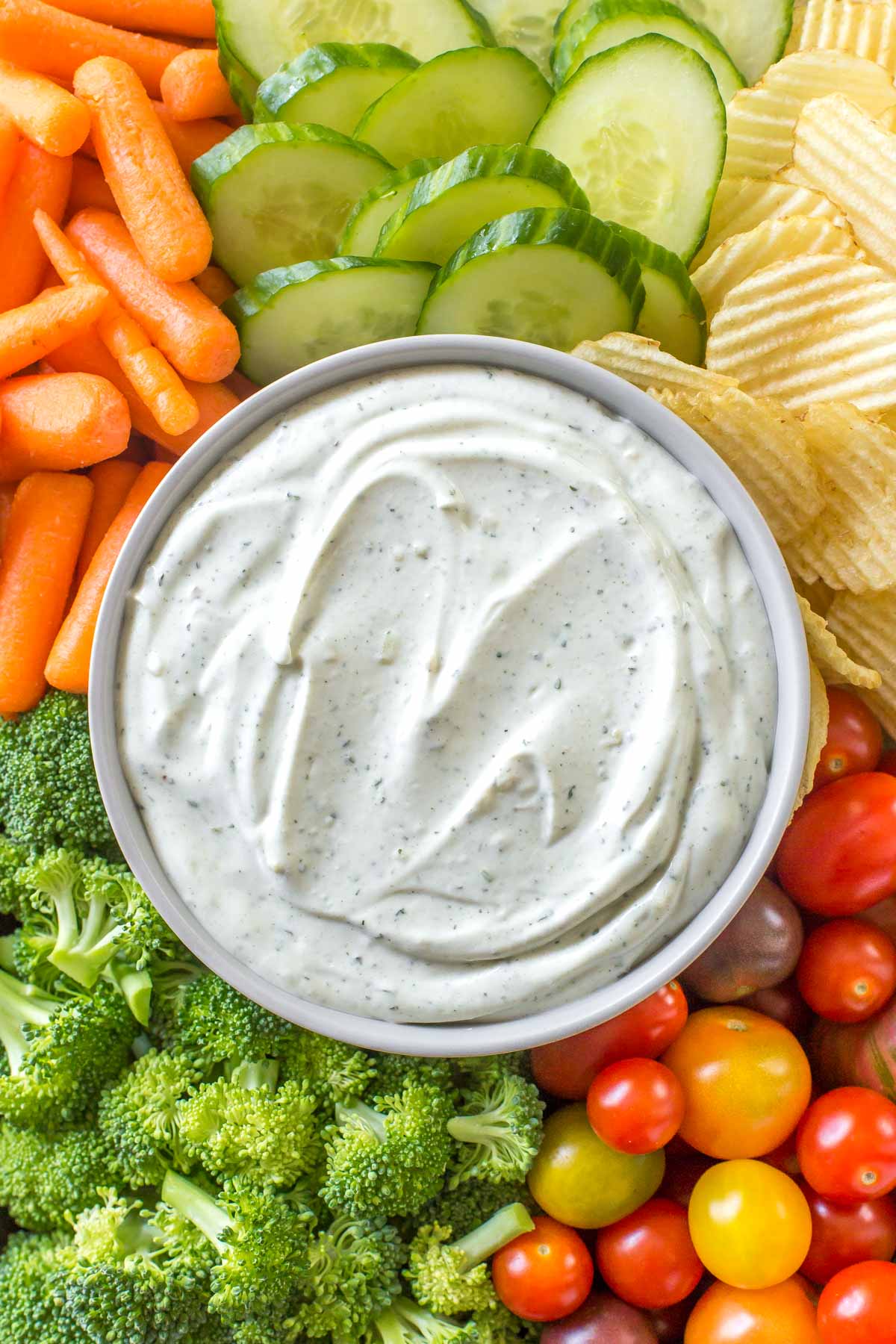 homemade ranch dip recipe with a vegetable platter on a quarter sheet pan