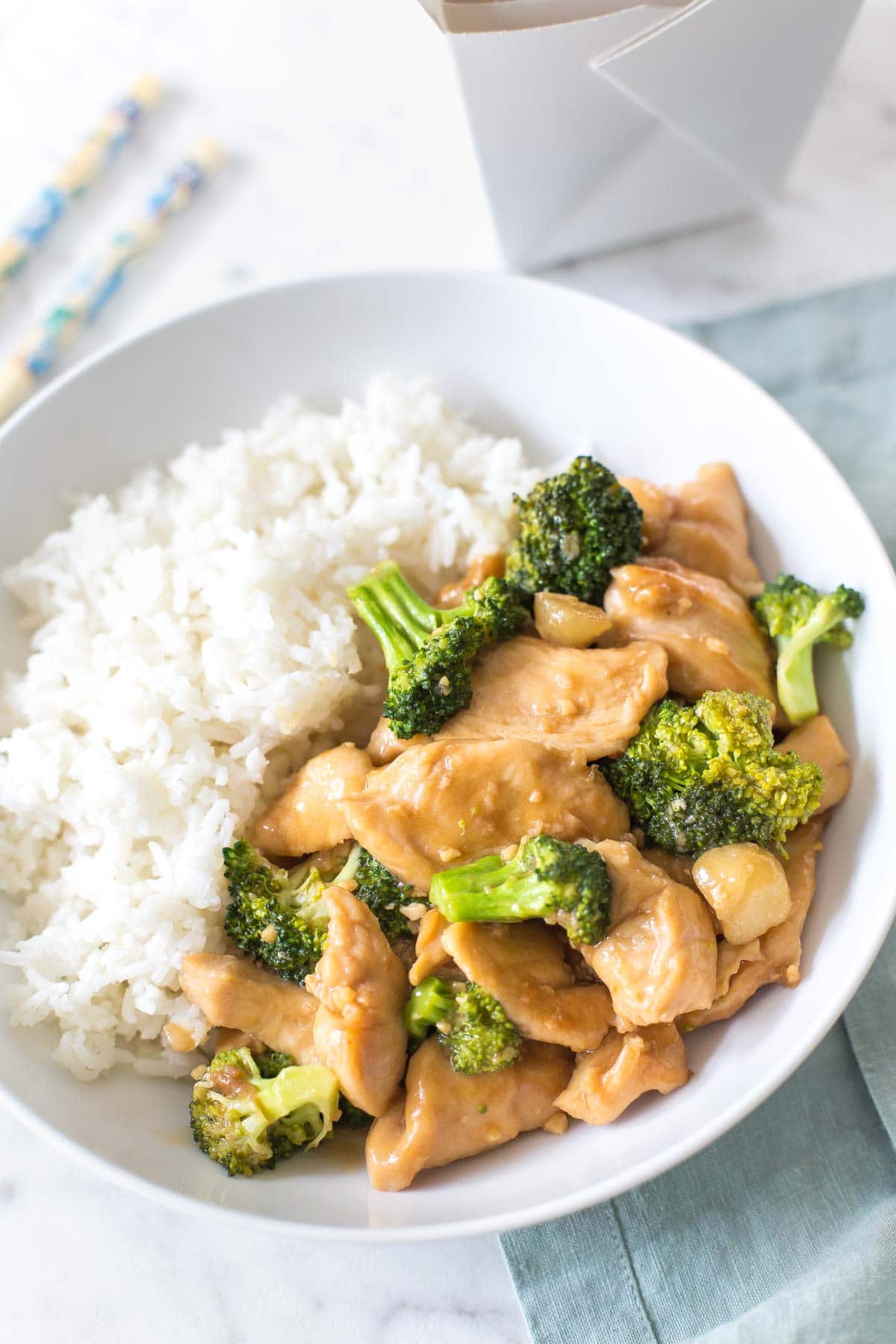 Chinese chicken and broccoli in a bowl with white rice