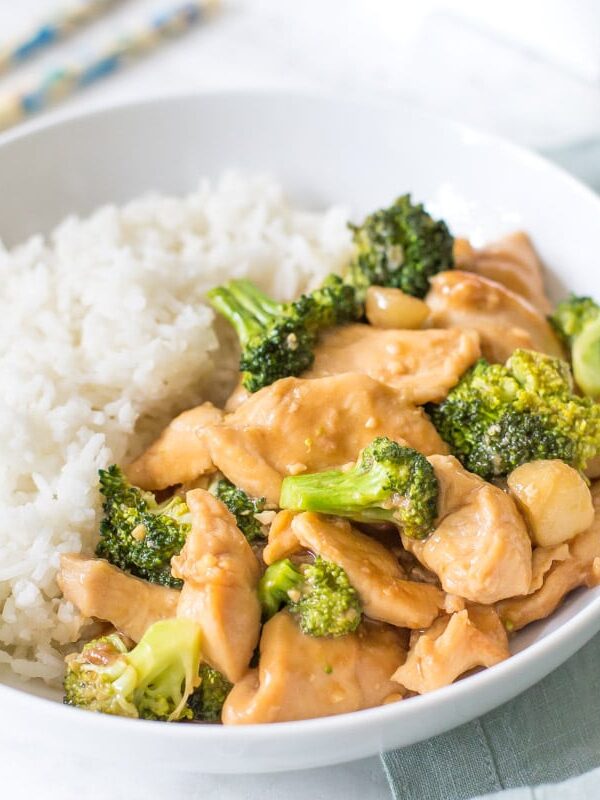 Chinese chicken and broccoli in a bowl with white rice