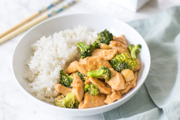 Chinese chicken and broccoli in a bowl with white rice
