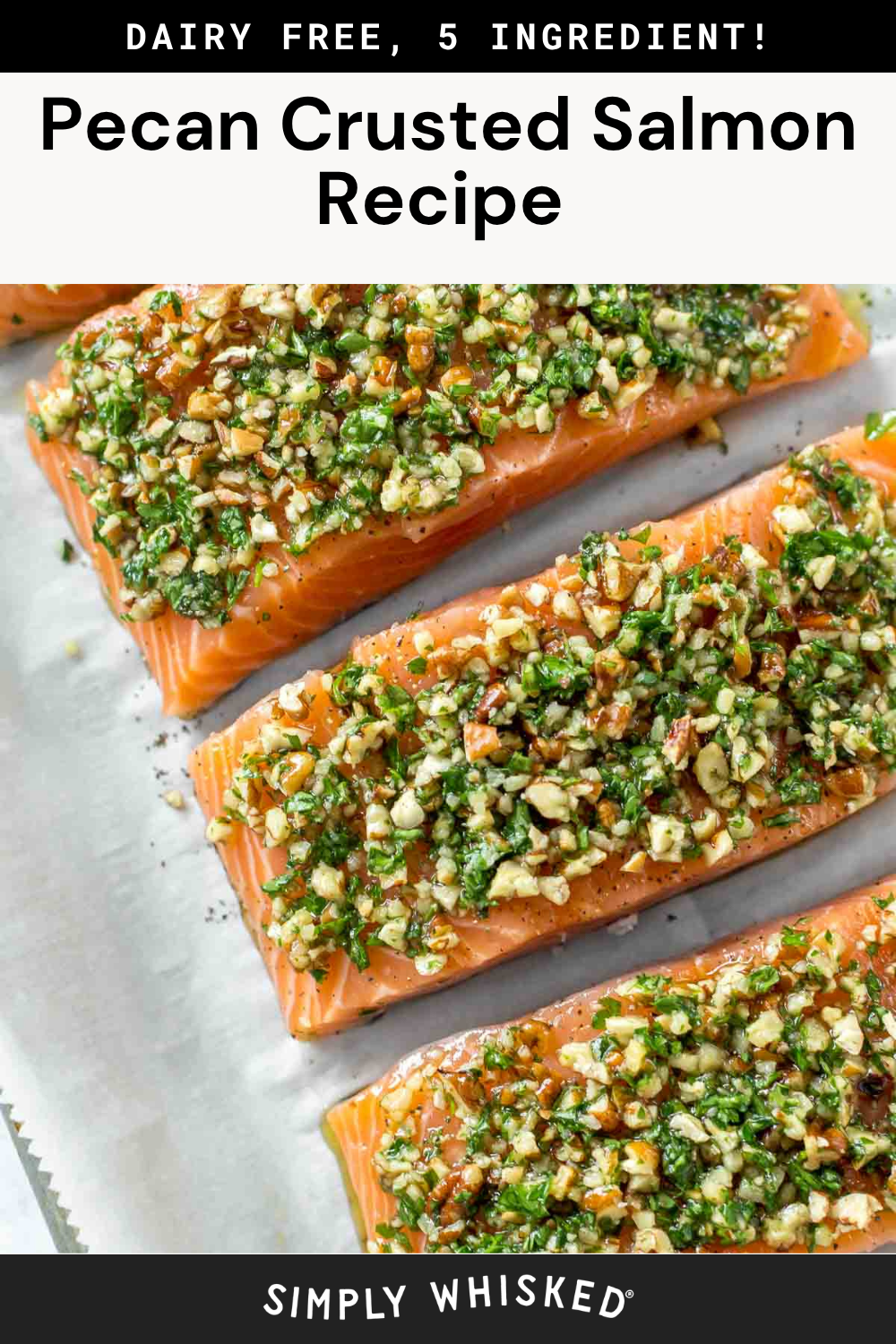 Four raw salmon fillets on parchment paper, topped with a chunky mixture of chopped pecans and fresh herbs. Text above reads Pecan Crusted Salmon Recipe and Dairy Free, 5 Ingredient! This delicious pecan crusted salmon is both simple and flavorful, making it perfect for a quick, healthy meal.