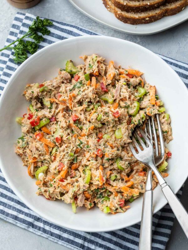 tuna salad without mayo in a serving bowl with two forks