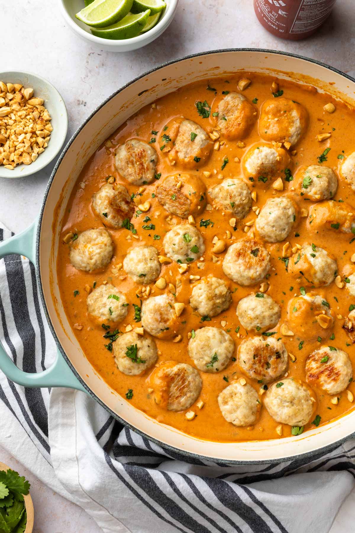 Thai chicken meatball curry in a skillet. 