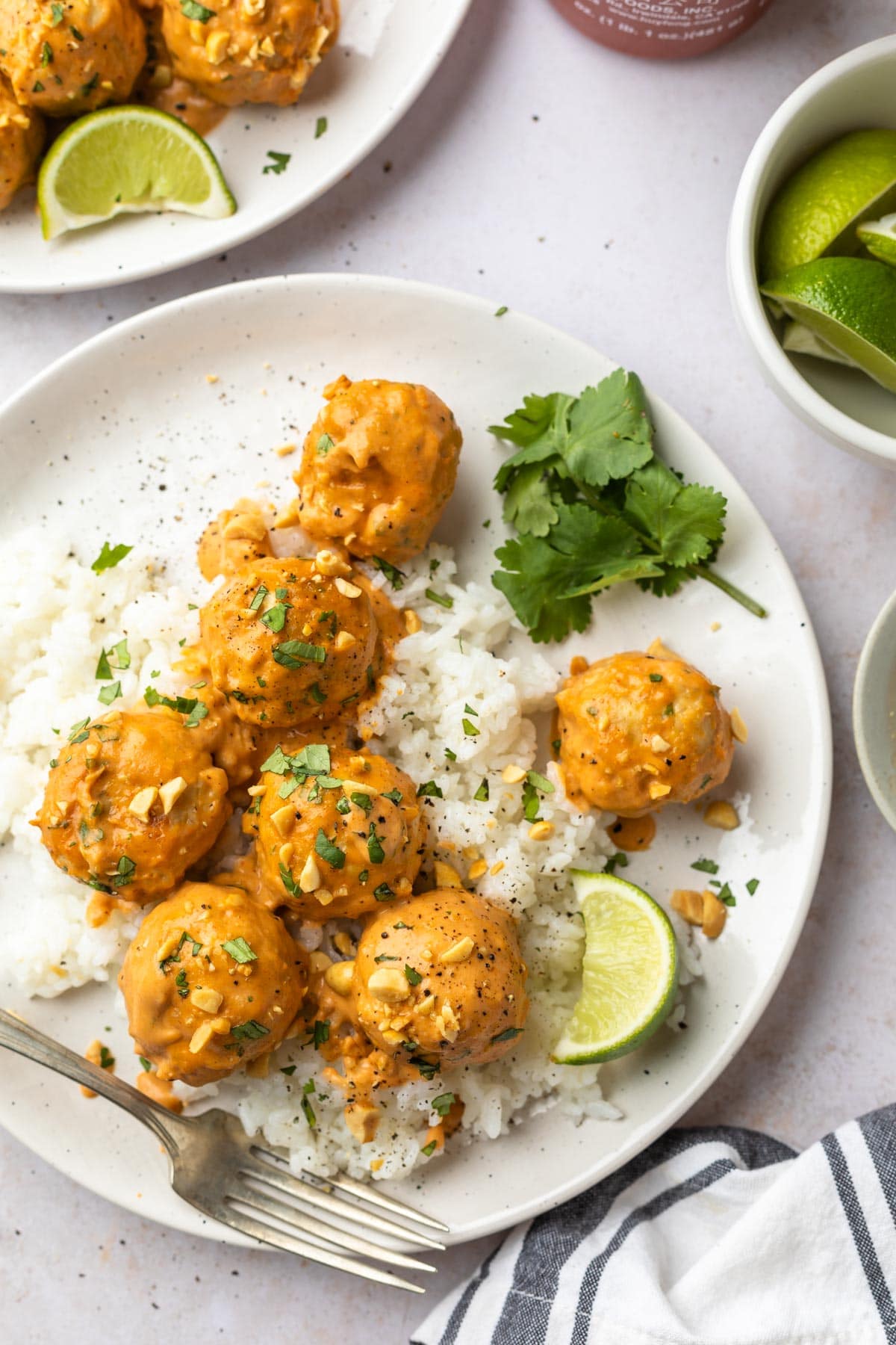 Chicken meatballs on a plate with white rice and a fork. 
