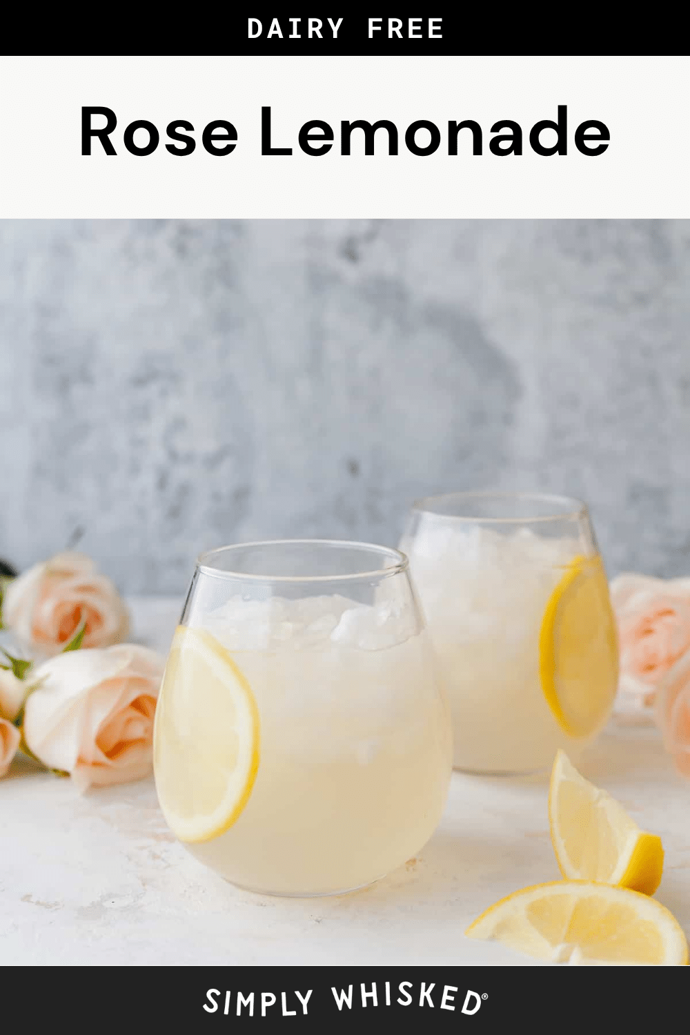 Two glasses of rose lemonade with ice and lemon slices, surrounded by fresh roses and lemon wedges on a light surface, create a refreshing scene that perfectly showcases the vibrant charm of rose lemonade.