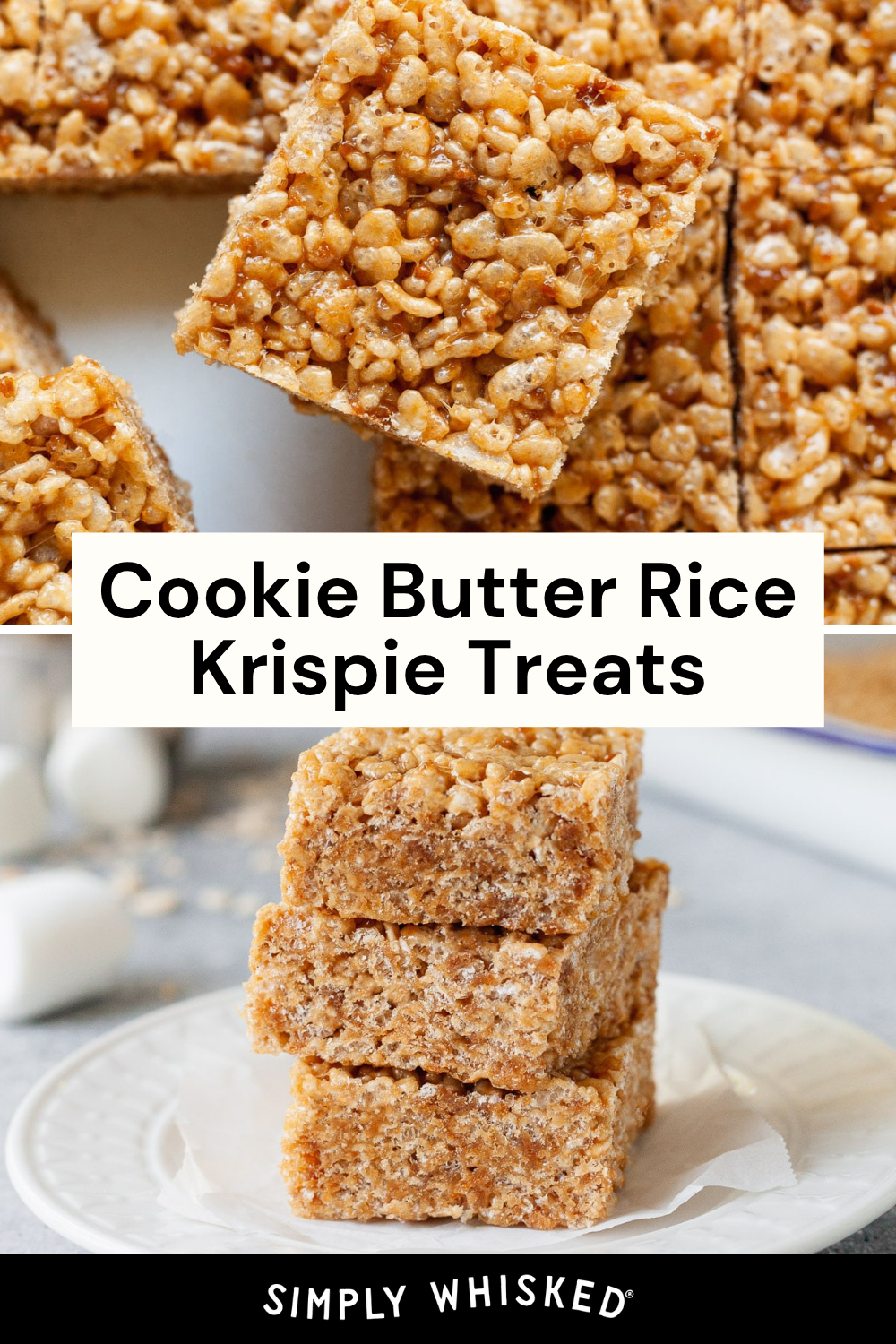 Close-up of irresistible cookie butter treats cut into perfect squares. Stacked treats sit on a white plate with a napkin and marshmallows, with text overlay reading Cookie Butter Rice Krispie Treats.