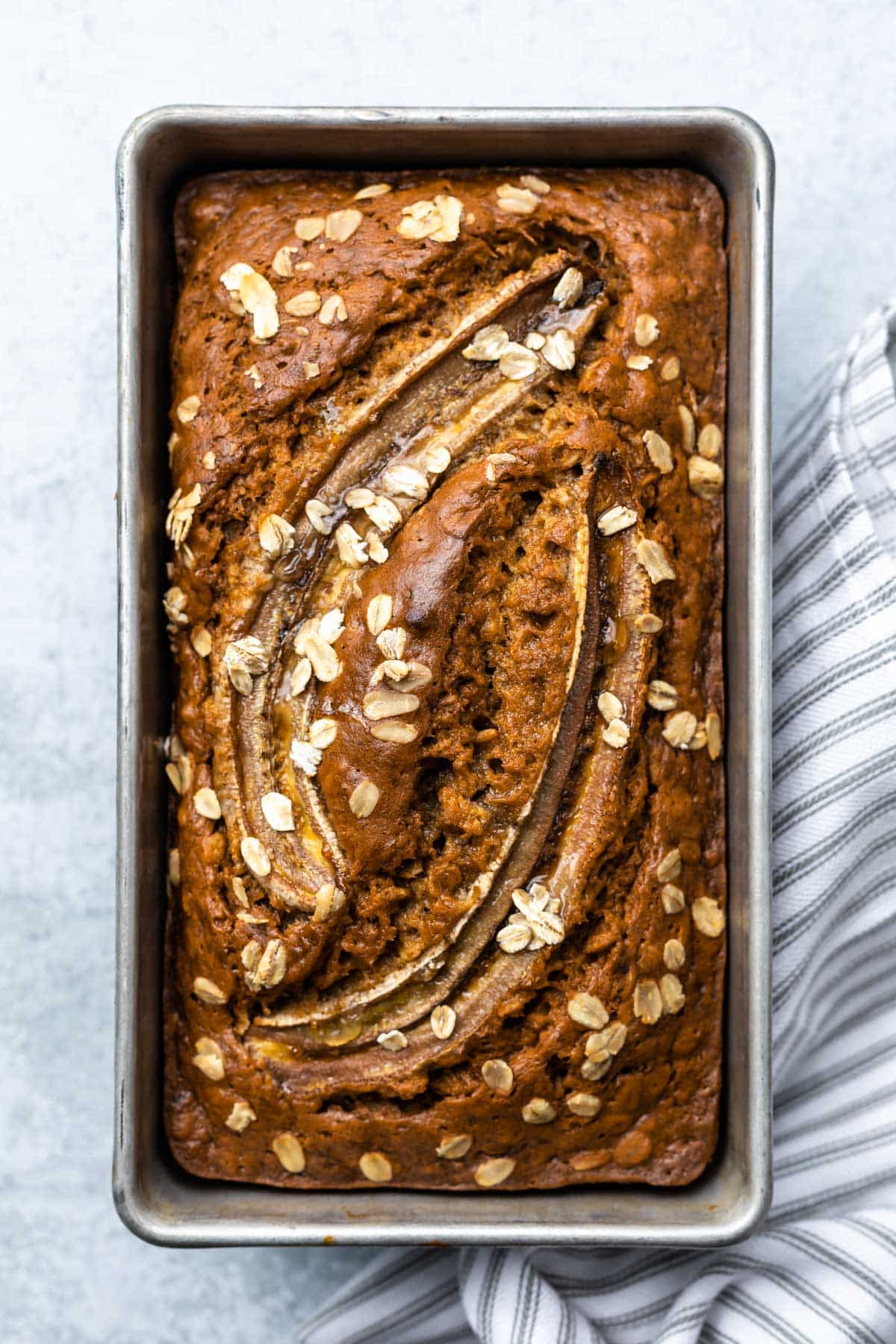 vegan banana bread in a loaf pan