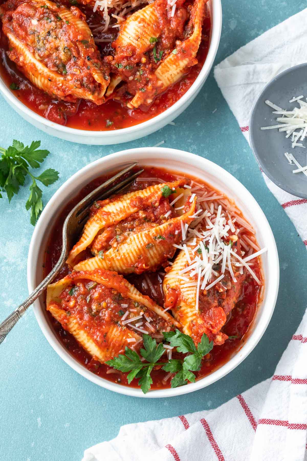 overhead view of dairy free meat stuffed shells in a bowl on a countertop
