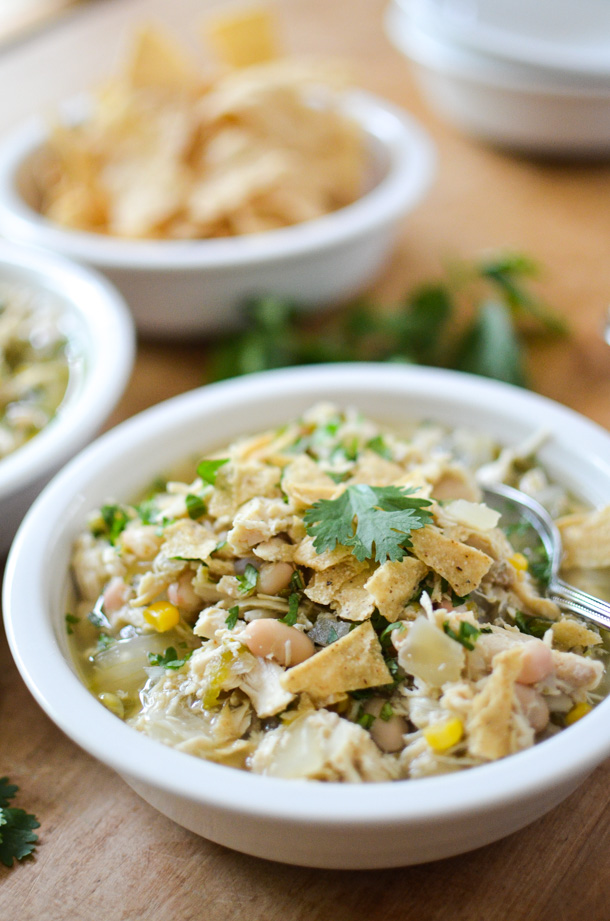 Close up of white chicken chili in a bowl. 