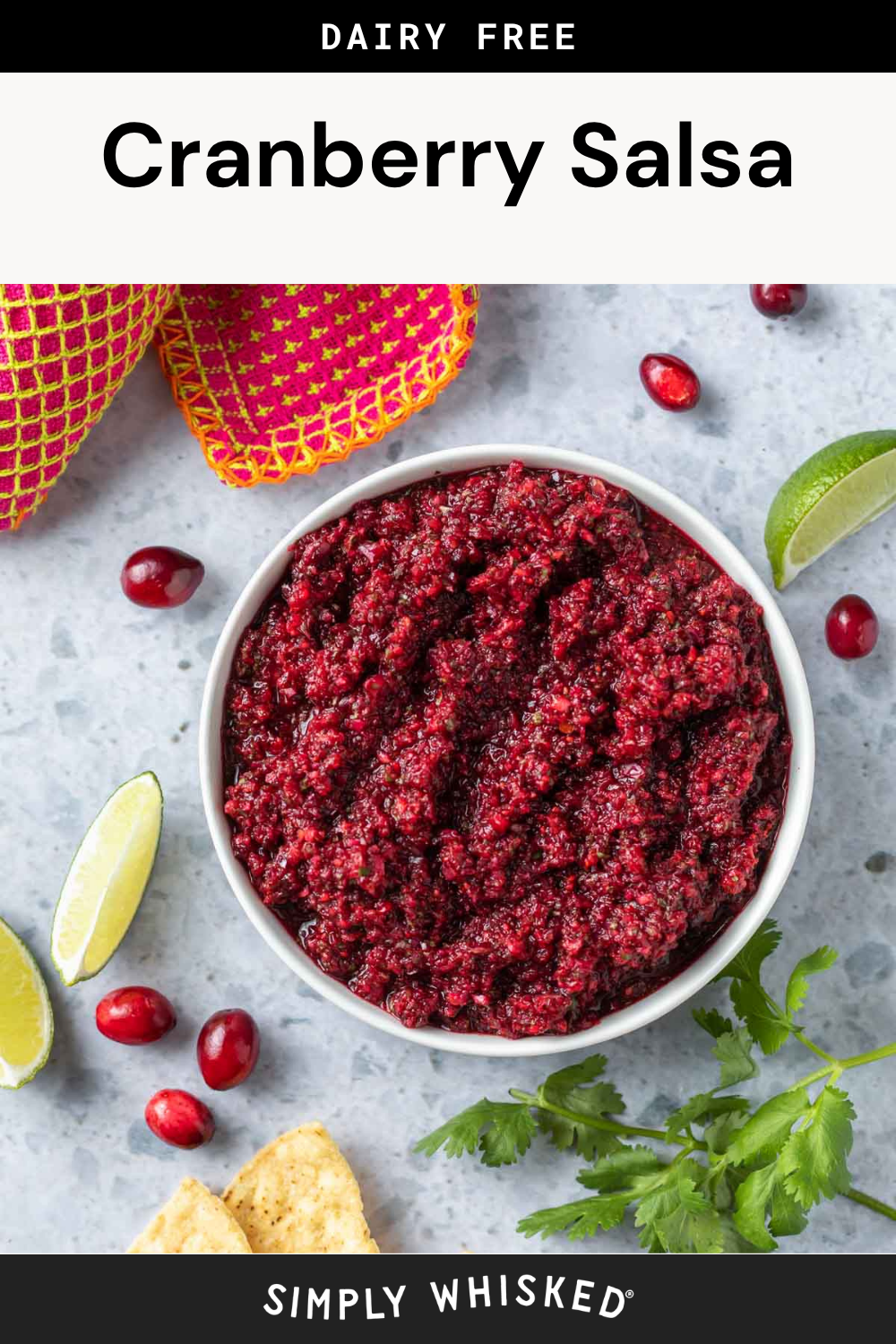 A vibrant bowl of cranberry salsa sits at the center, surrounded by fresh lime wedges, cilantro, whole cranberries, crunchy tortilla chips, and a colorful towel on a gray surface. The text above highlights this deliciously Dairy Free Cranberry Salsa.