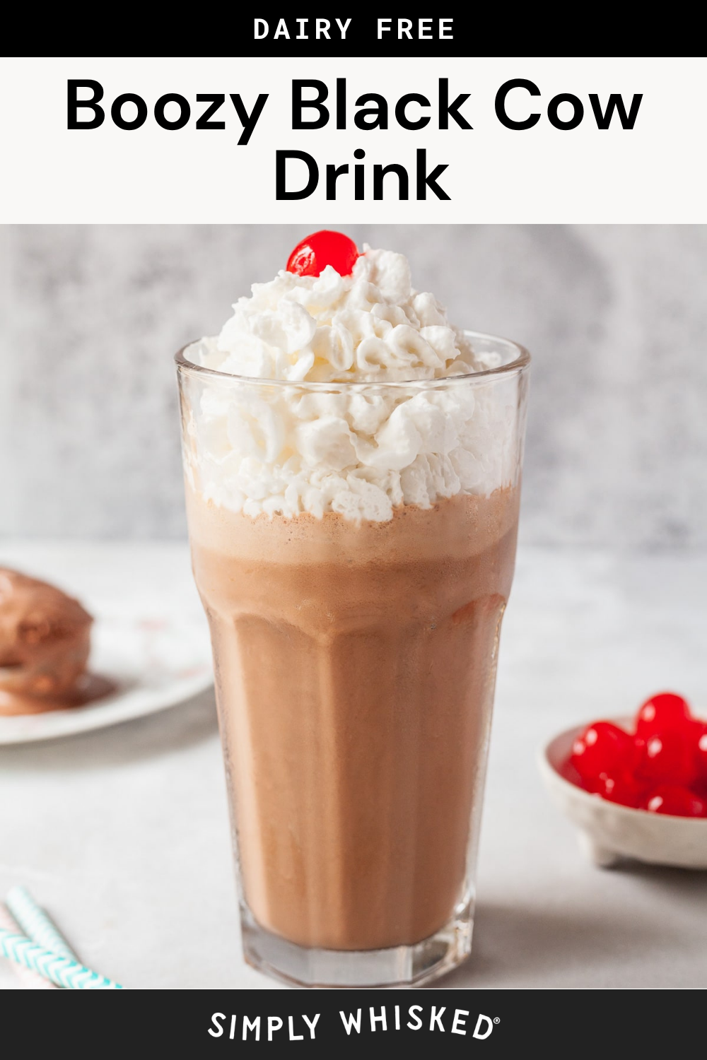 A tall glass of chocolate milkshake topped with whipped cream and a cherry, labeled Black Cow Drink. Bowls with cherries and a dessert are in the background. Text indicates the drink is dairy free.