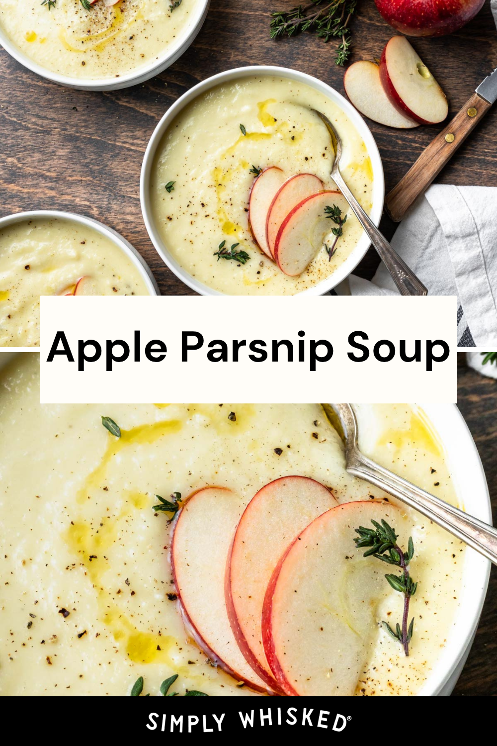 A bowl of creamy apple parsnip soup garnished with thin apple slices and fresh herbs, with a spoon on the side. Slices of apple and herbs are scattered on the table, adding a rustic touch. The words Apple Parsnip Soup are overlaid on the image, perfectly capturing the essence of this comforting dish.