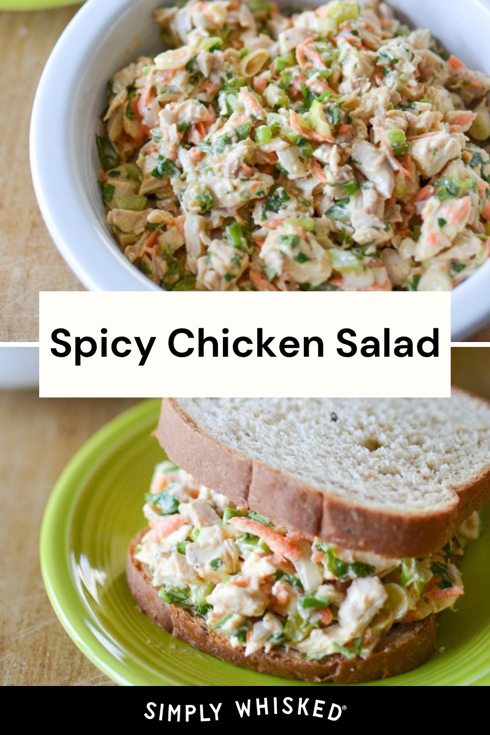 A bowl of spicy chicken salad and a sandwich made with the spicy chicken salad on whole wheat bread, served on a green plate. Text overlay reads Spicy Chicken Salad and Simply Whisked.