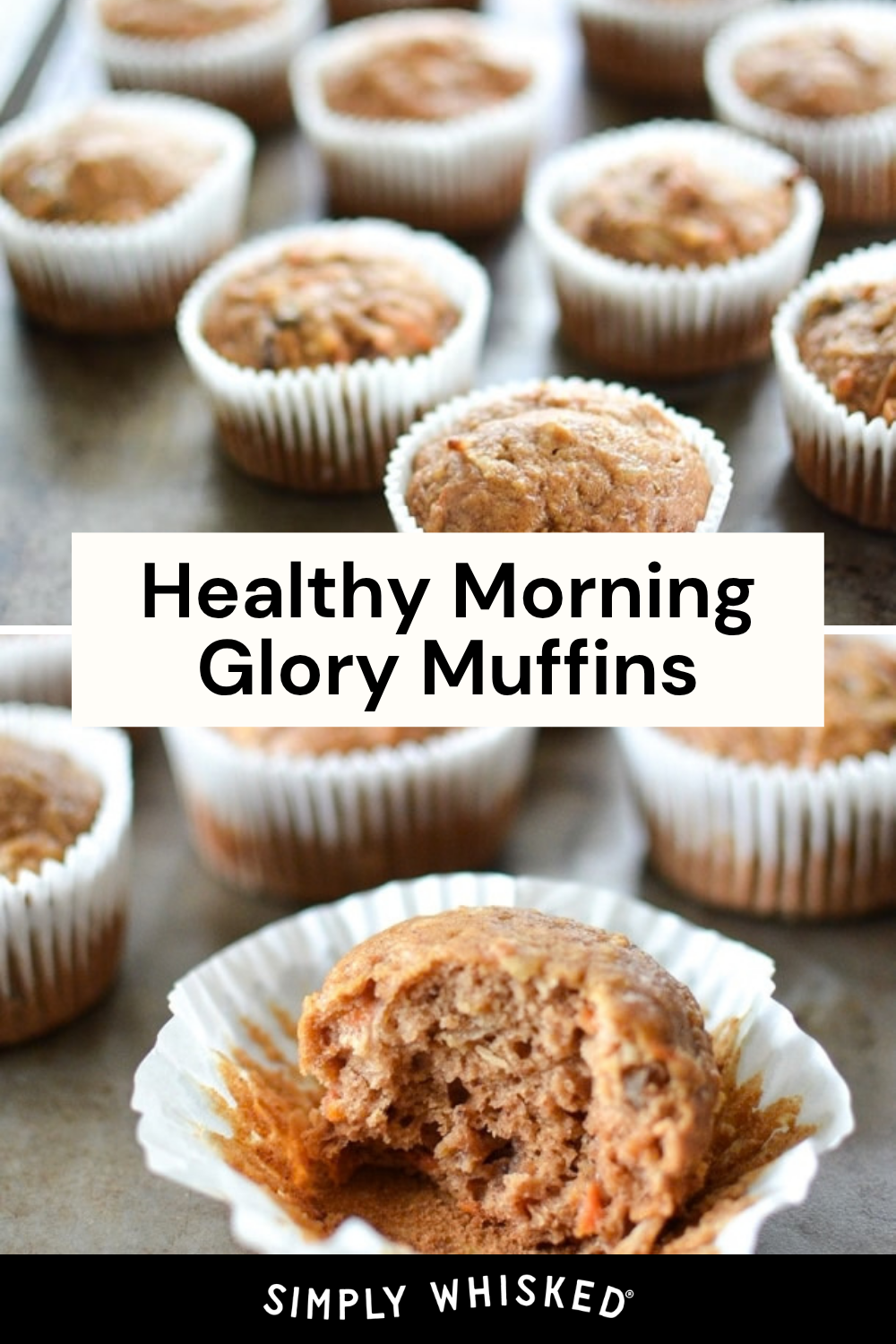 Nine healthy morning glory muffins are arranged on a baking sheet, with one muffin in the foreground unwrapped and partially eaten. The text reads, Healthy Morning Glory Muffins—perfect for a wholesome start to your day.