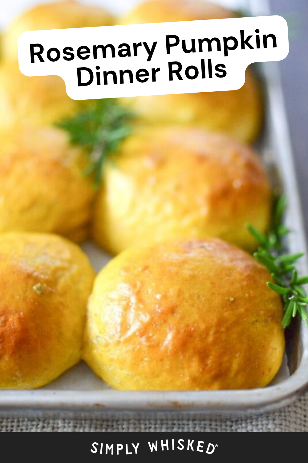 Golden brown pumpkin dinner rolls with rosemary on a baking sheet, garnished with sprigs of fresh rosemary. Text overlay reads Pumpkin Dinner Rolls and Simply Whisked at the bottom.
