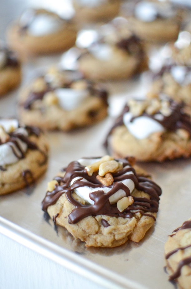 Rocky road cookies on a baking sheet. 