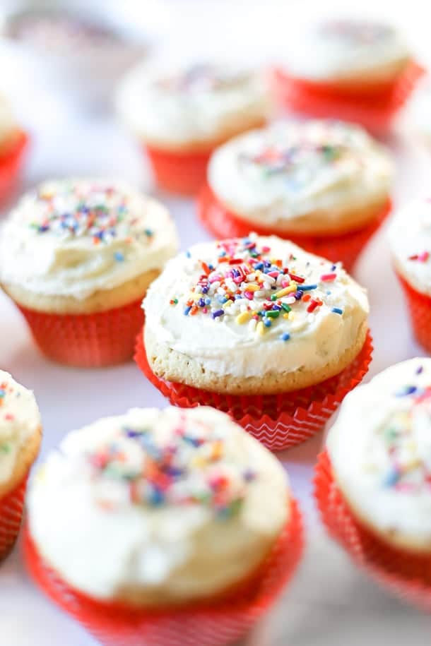 Dairy Free Vanilla Cupcakes | Dairy Free Desserts, Classic Vanilla Cupcakes, Dairy Free Birthday, Birthday Cupcakes, Yellow Cupcakes, Dairy Free Cupcakes | @simplywhisked