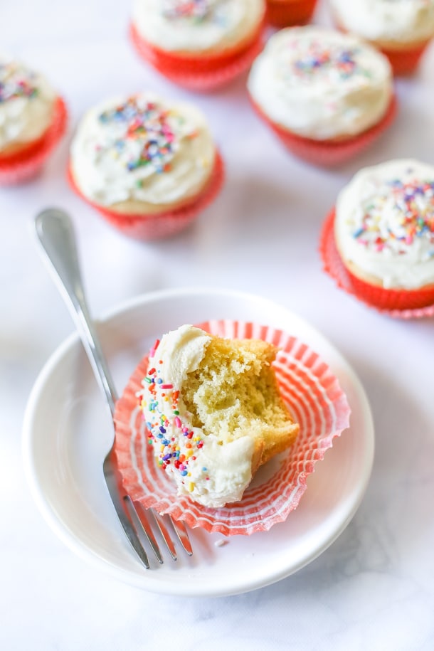 Dairy Free Vanilla Cupcakes | Dairy Free Desserts, Classic Vanilla Cupcakes, Dairy Free Birthday, Birthday Cupcakes, Yellow Cupcakes, Dairy Free Cupcakes | @simplywhisked