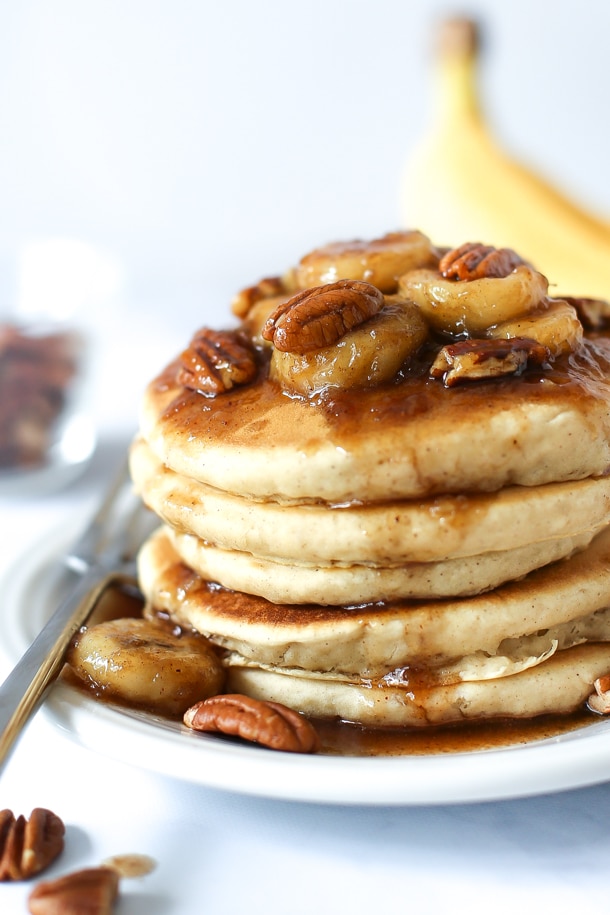 Dairy Free Bananas Foster Pancakes | Dairy free breakfast recipe, dairy free pancakes, banana pancake recipe | @simplywhisked