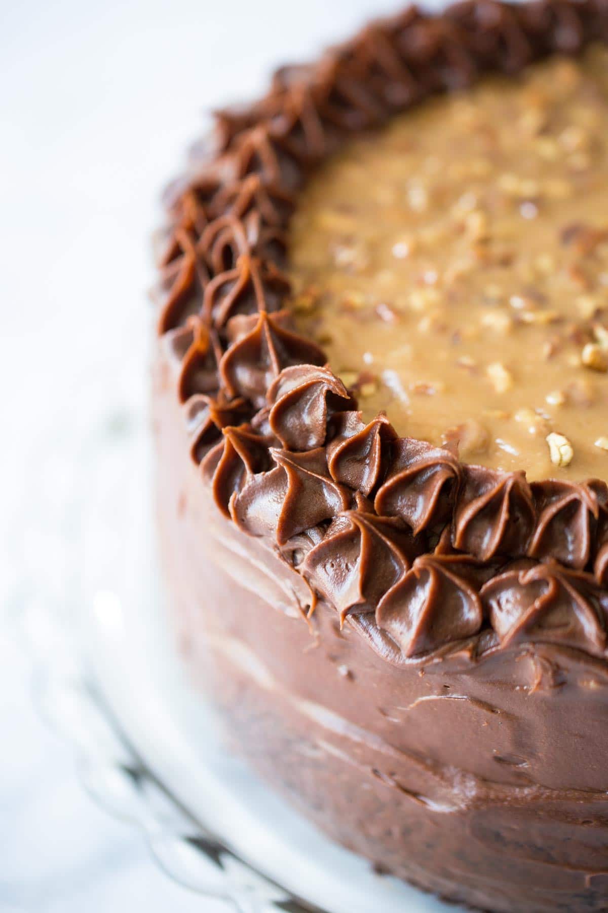 Chocolate Praline Crunch Cake - showing the praline topping. 