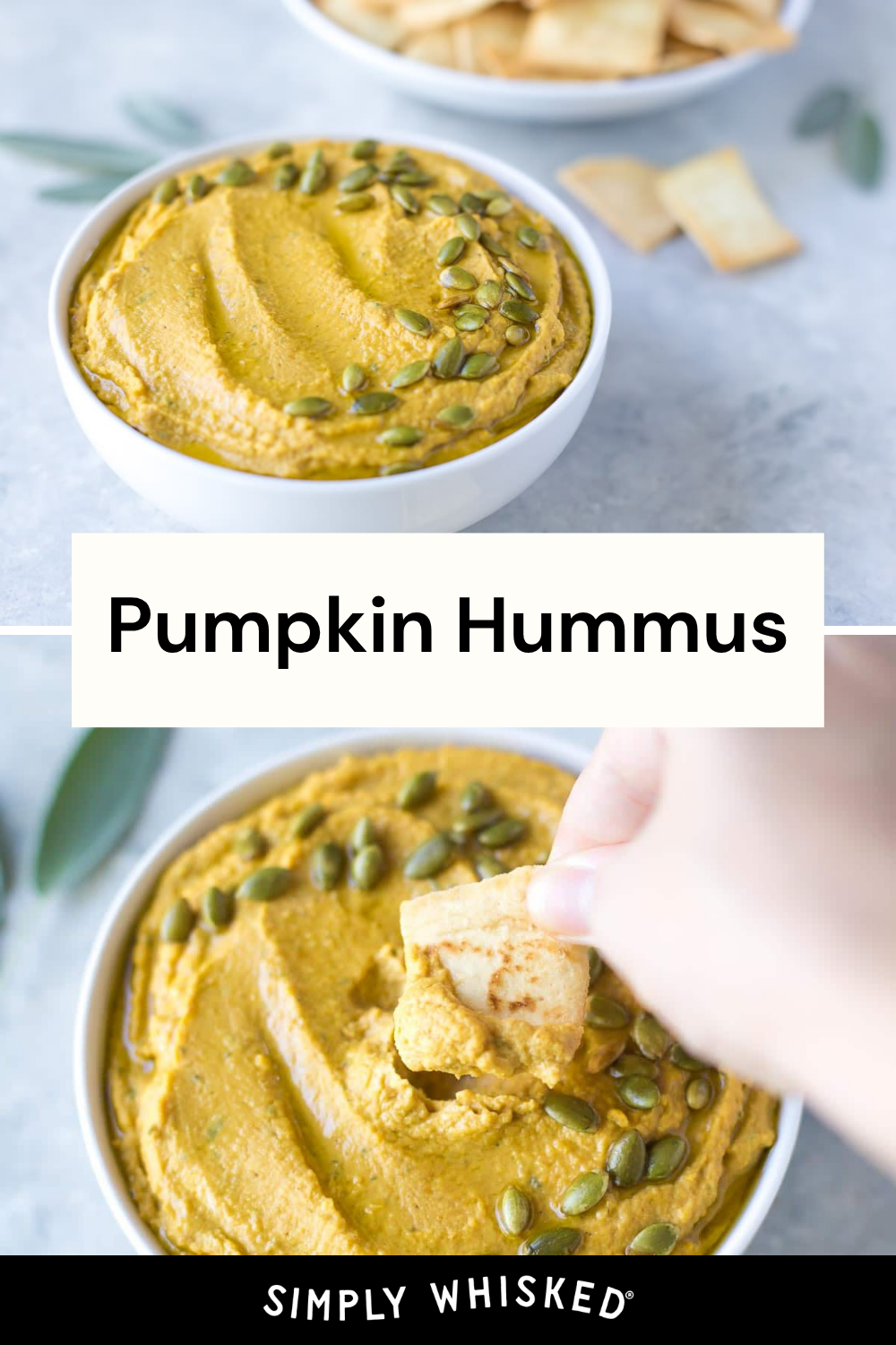 A bowl of creamy pumpkin hummus, infused with roasted garlic pumpkin flavors and topped with crunchy pumpkin seeds, sits alongside golden pita chips. A hand dips a chip into the smooth hummus, while a text overlay reads Pumpkin Hummus.