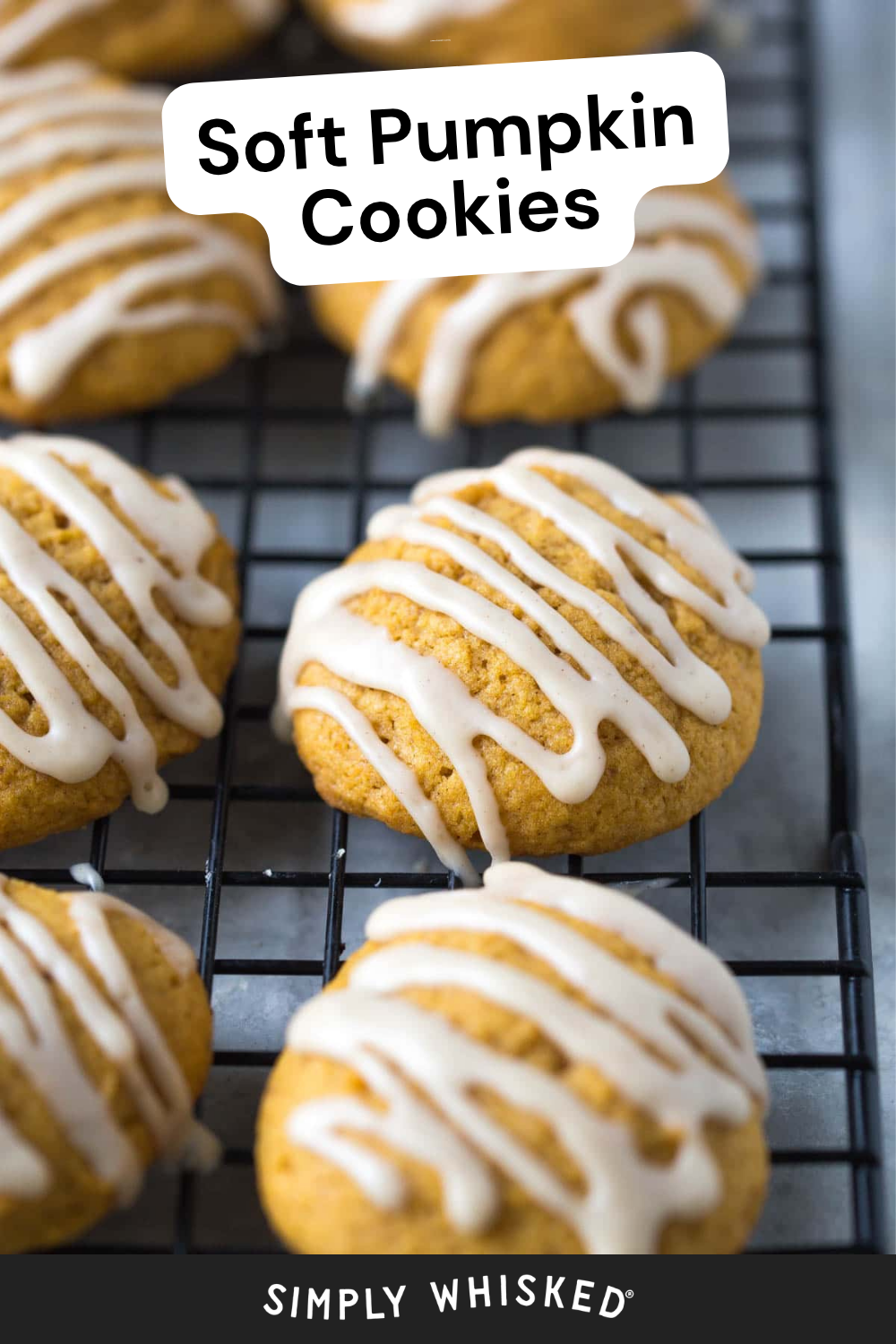 Soft pumpkin cookies with white icing drizzle on a cooling rack. Text at top reads Soft Pumpkin Cookies.