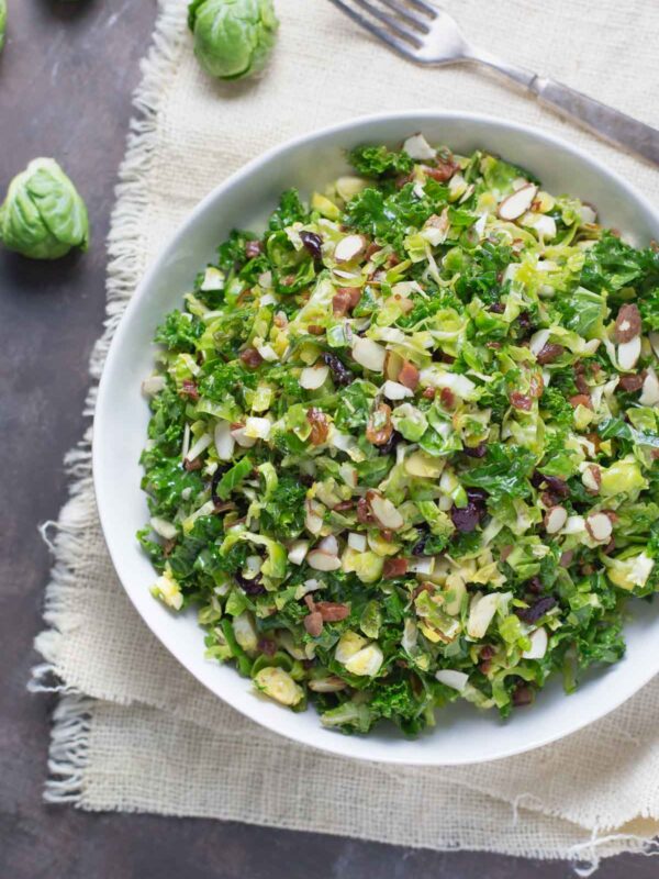 Kale and Shredded Brussels Sprouts Salad | Dairy Free Salad, winter salad, Brussels sprouts salad #salad #brusselssprouts #dairyfree | @simplywhisked