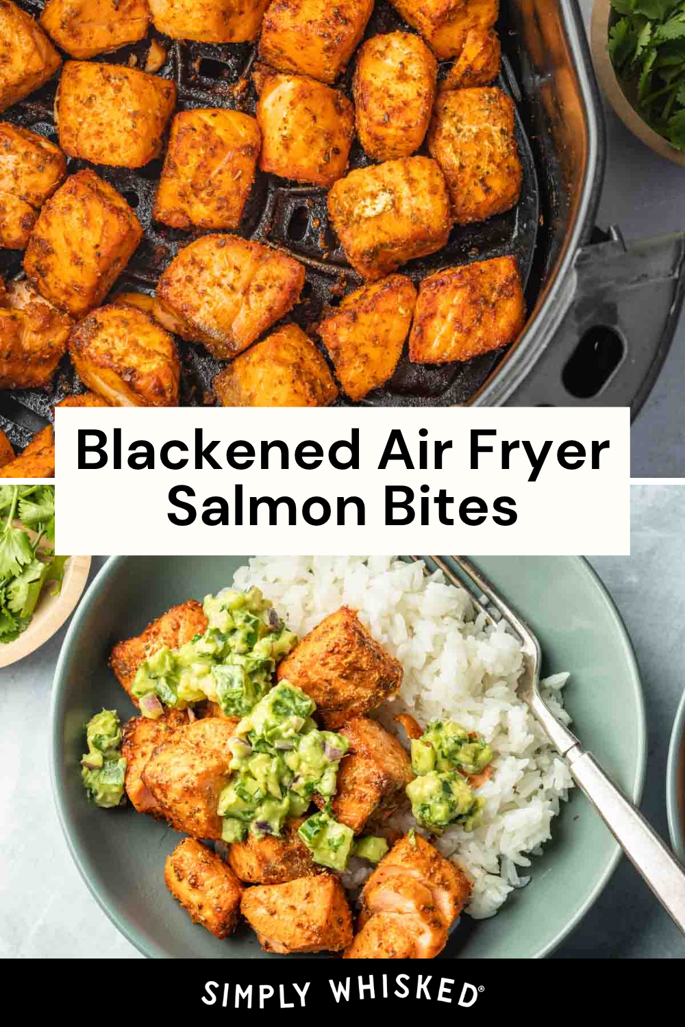 Air-fried blackened salmon bites in a skillet and served over rice with a refreshing avocado cucumber salsa on a plate, garnished with herbs.
