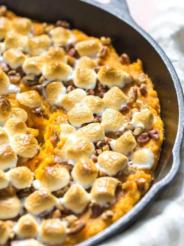 Sweet potato casserole in a cast iron skillet.