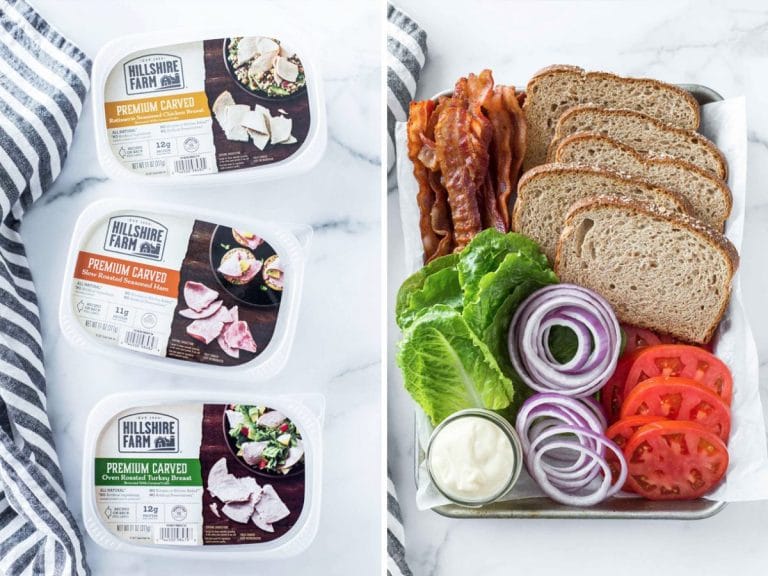 collage image of - an overhead shot of three packages of Hillshire Farm® Premium Carved Meats on a white marble background, next to a black and white striped cloth napkin & overhead shot of club sandwich ingredients in a quarter sheet pan lined with parchment paper - toasted whole wheat bread, crispy bacon, romaine lettuce, sliced red onion, sliced tomatoes and a small jar of garlic aioli
