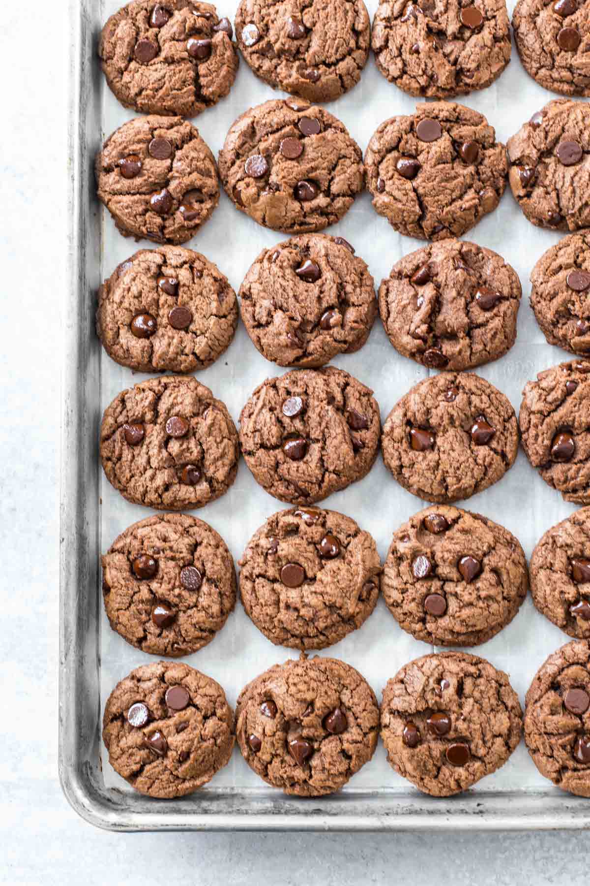 a sheet pan, lined with parchment paper, filled with chocolate chocolate chip cookies on a gray background