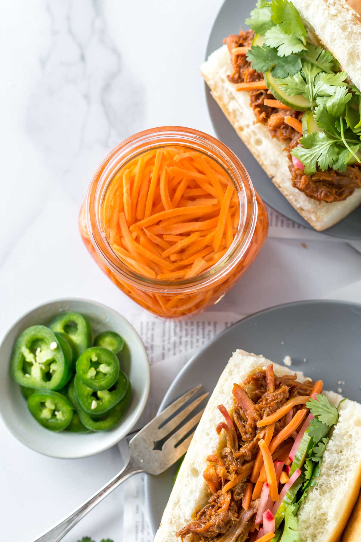 pickled carrots for a bbq pulled pork banh mi sandwich recipe