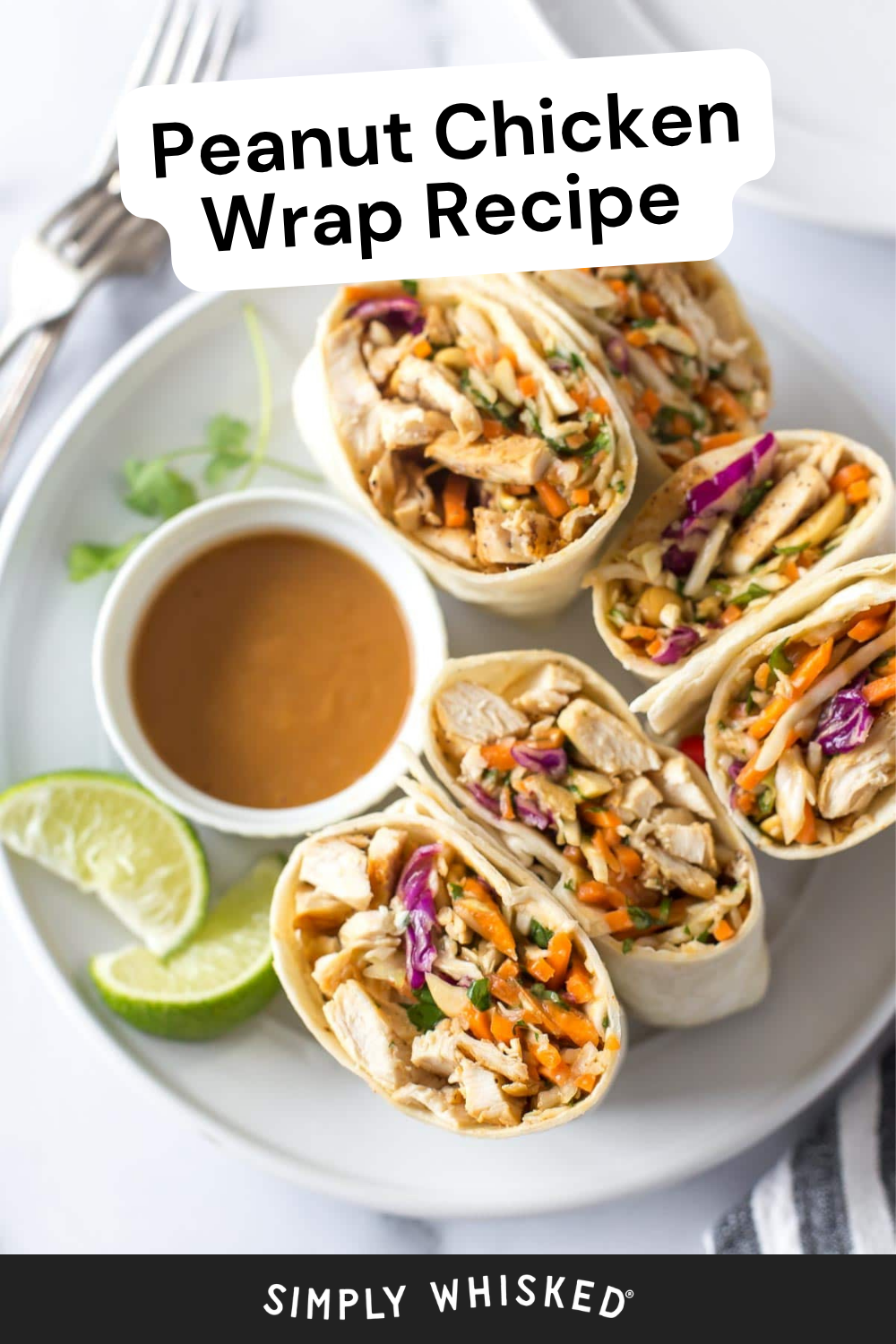 Four delicious chicken wraps filled with tender chicken, shredded vegetables, and fresh herbs, served with a flavorful peanut dipping sauce and lime wedges on a white plate. A fork and napkin are placed beside the plate.