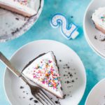 overhead shot of a slice of dairy free, 4 layer ice cream pie