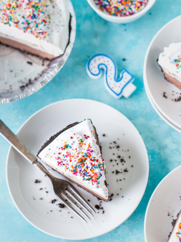 overhead shot of a slice of dairy free, 4 layer ice cream pie