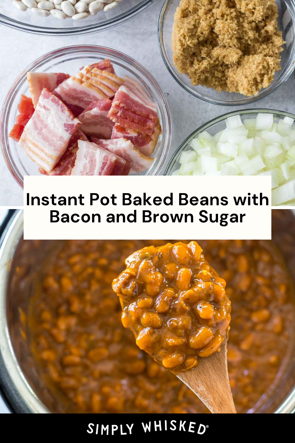 Bowls of white beans, chopped bacon, brown sugar, and diced onions above a close-up of baked beans with bacon on a spoon, with text Instant Pot Baked Beans with Bacon and Brown Sugar.