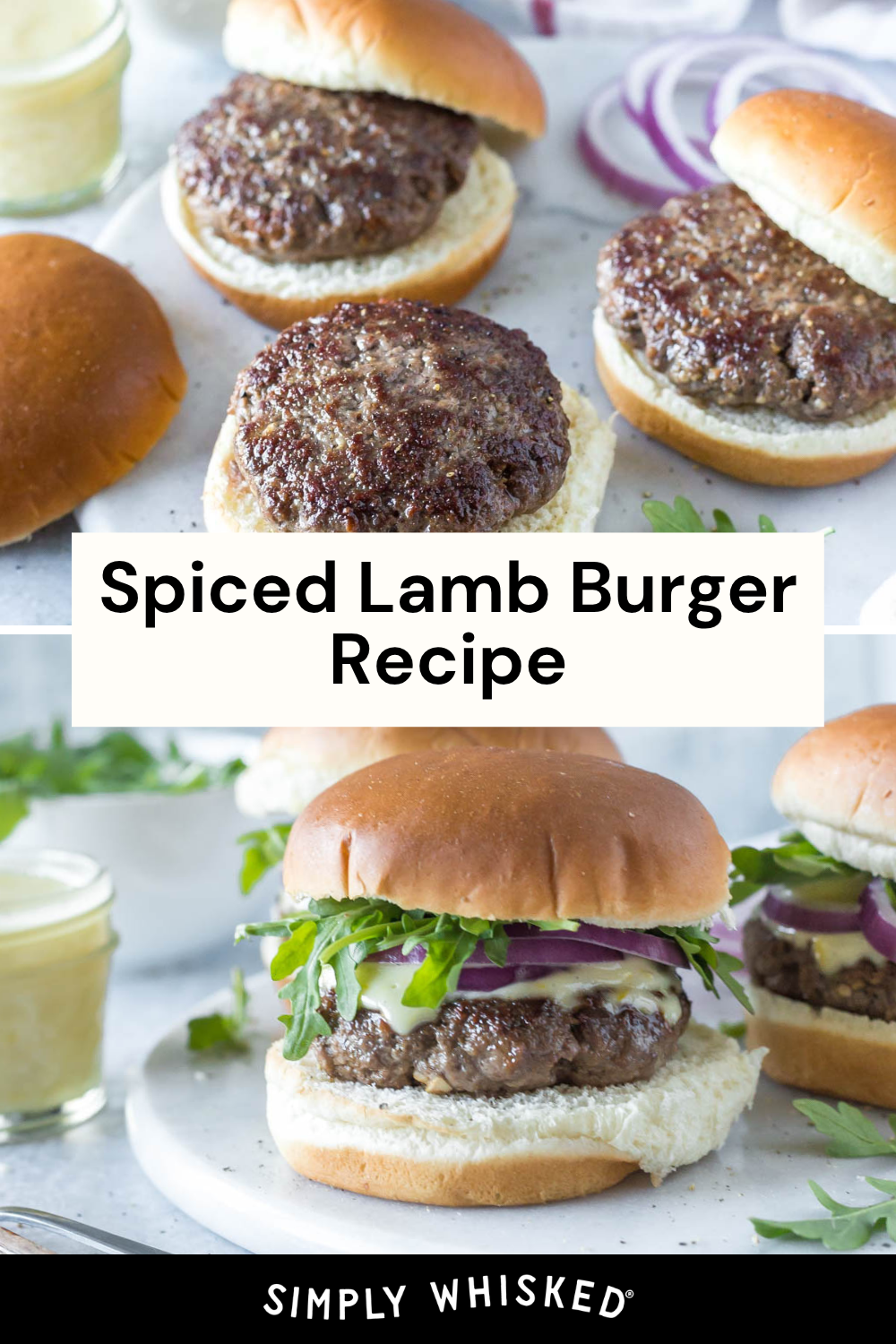 Two images of lamb burgers: one shows plain patties on buns, while the other displays a finished burger with lettuce, onion, and sauce on a bun. Text reads, Spiced Lamb Burger Recipe—a delicious recipe for lamb burgers that’s perfect for any occasion.