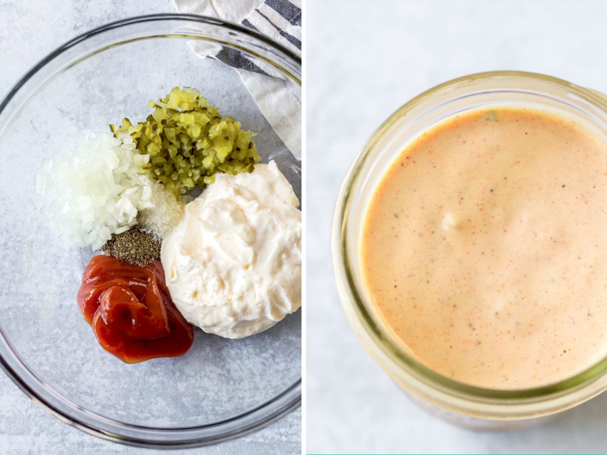 two image collage of thousand island dressing recipe (1 ingredients shot, 1 closeup on 1000 island dressing in a jar)