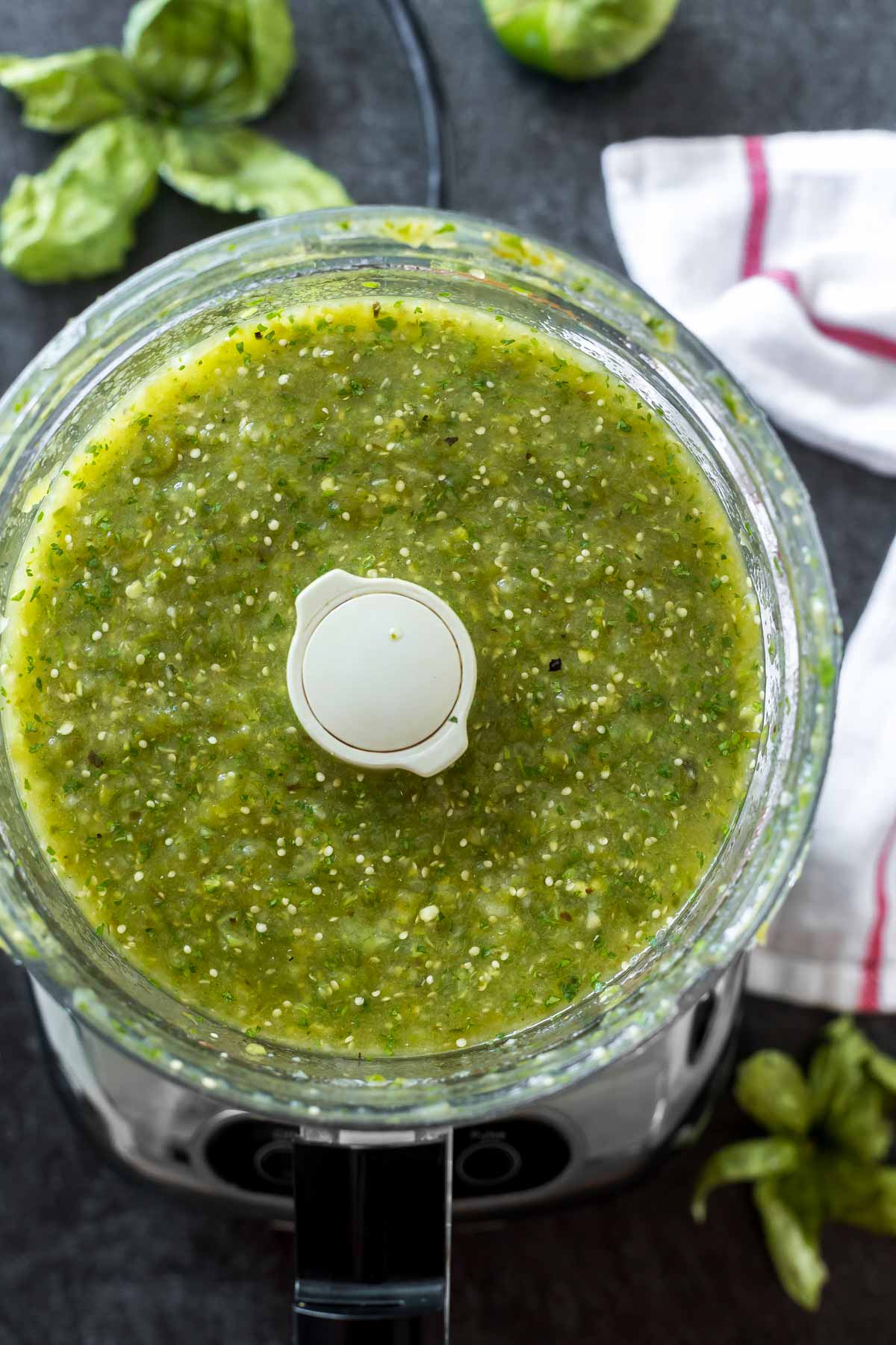 roasted tomatillo salsa recipe after it was blended in the food processor (easy salsa verde recipe)