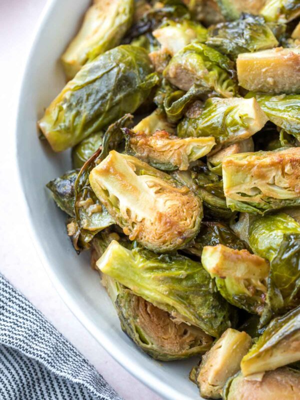 closeup of crispy roasted Brussels sprouts recipe