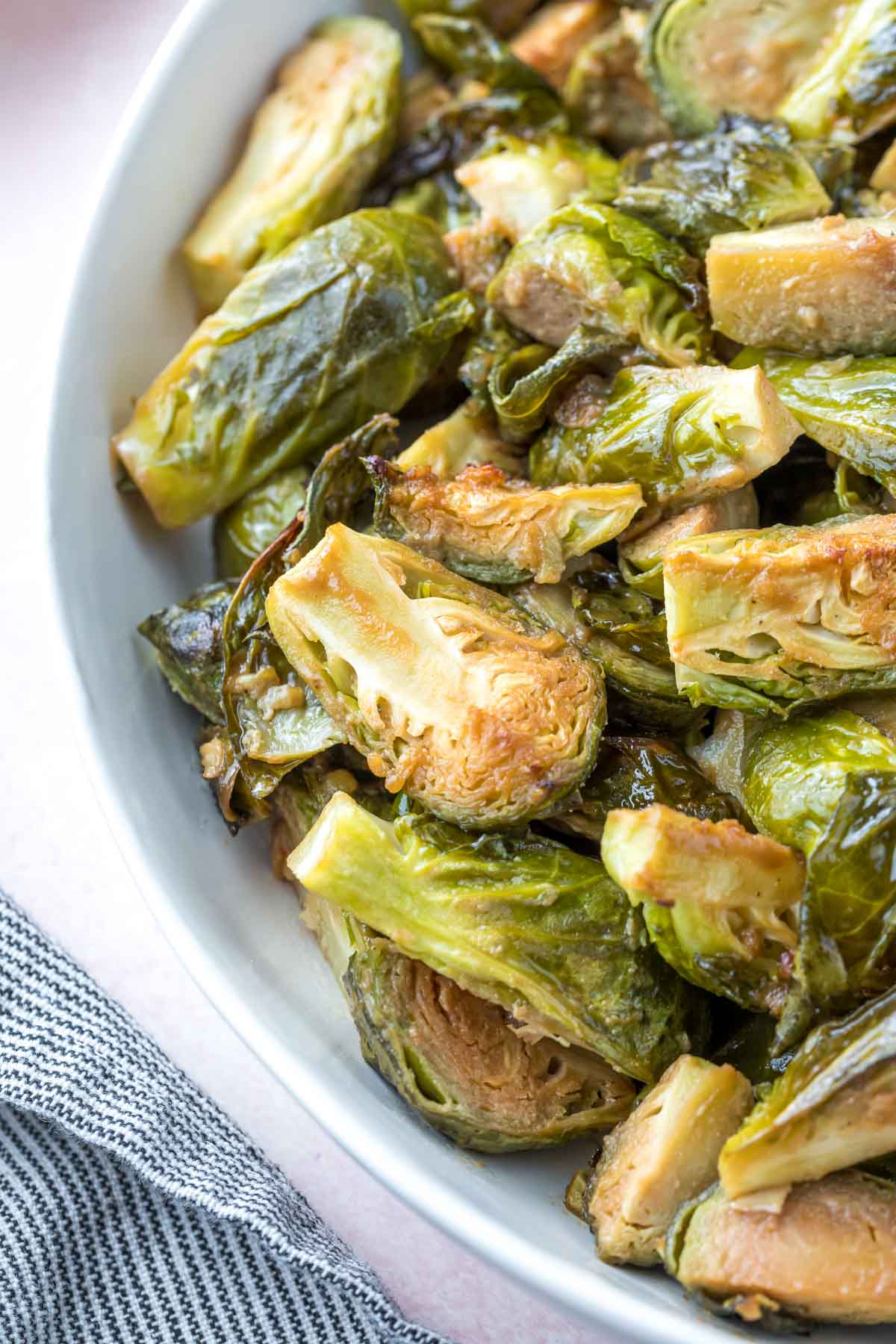 closeup of crispy roasted Brussels sprouts recipe