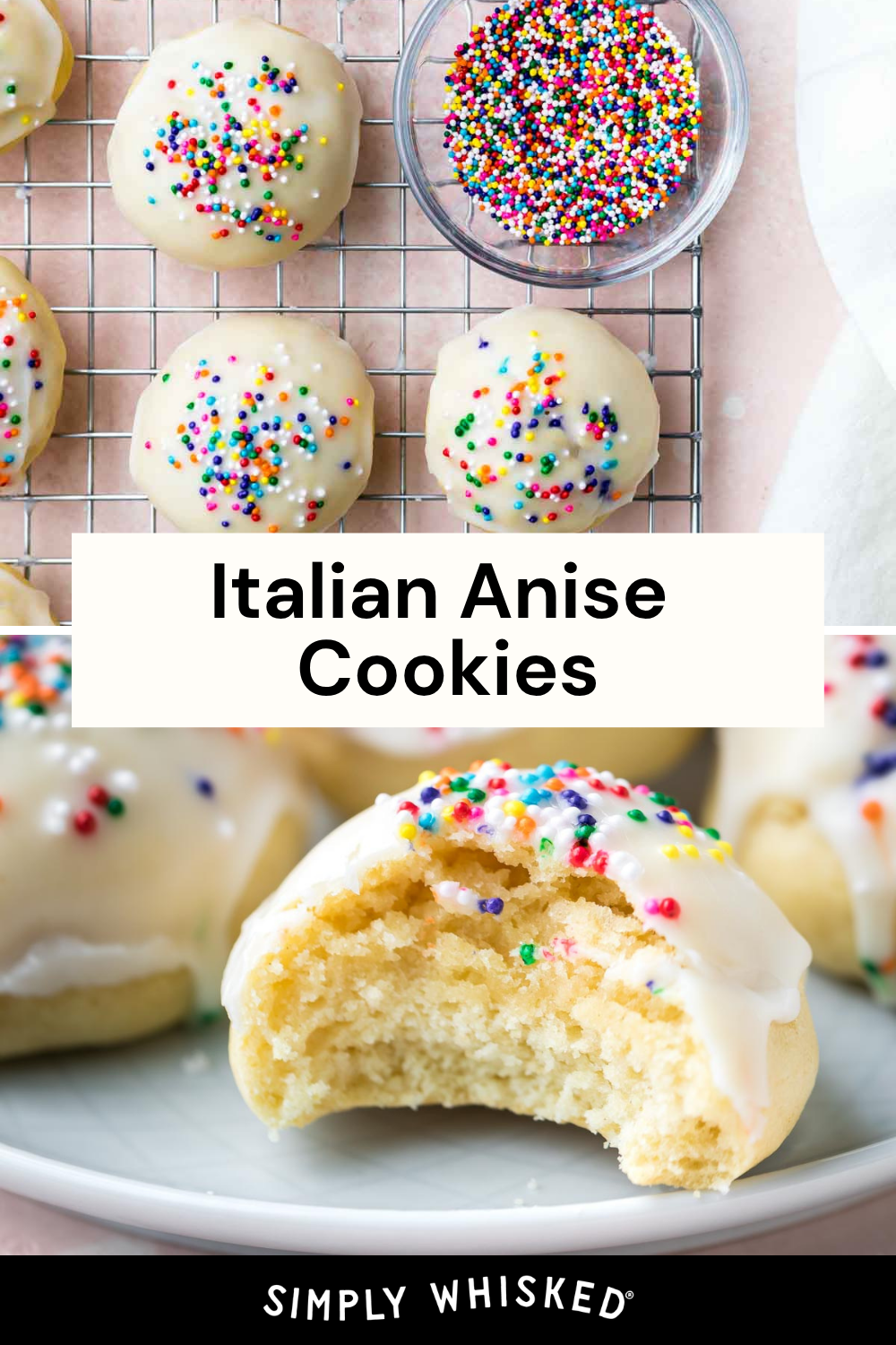 Italian anise cookies, also known as anisette cookies, are topped with white icing and colorful sprinkles and displayed on a cooling rack and plate, with a bowl of sprinkles nearby. One cookie has a bite taken out.