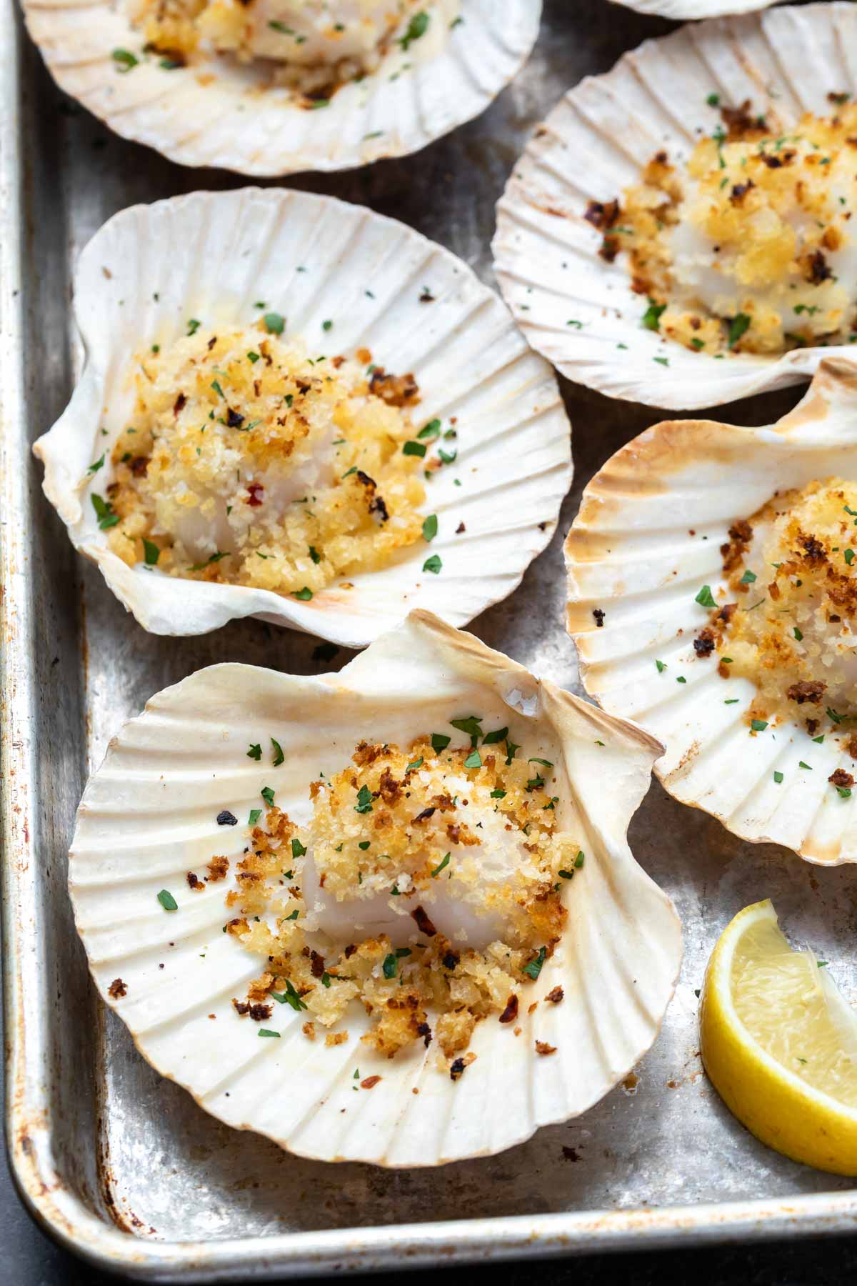 scallops baked in the shell on a baking sheet. 