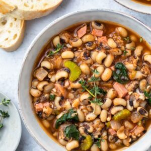 a bowl full of black eyed pea soup