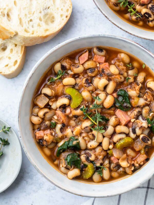 a bowl full of black eyed pea soup
