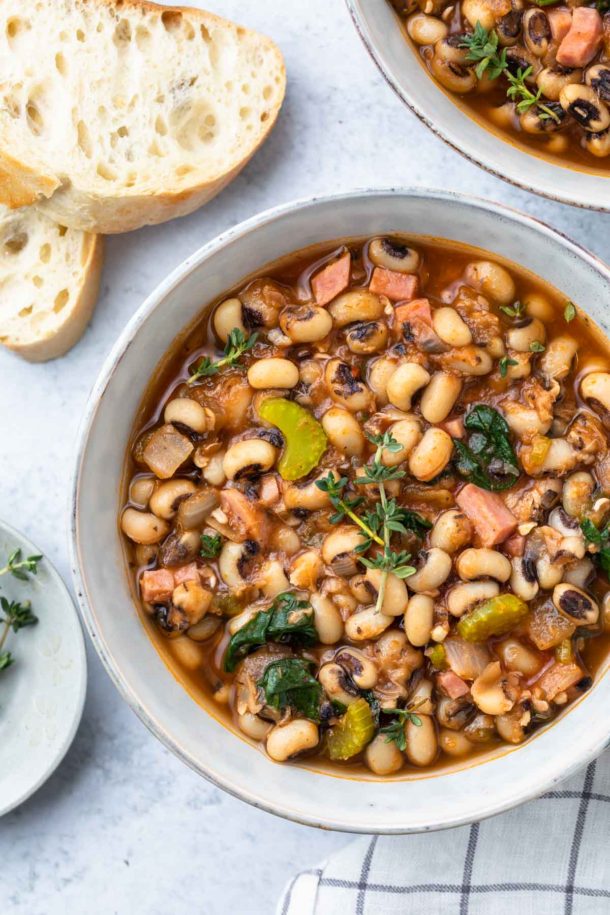a bowl full of black eyed pea soup