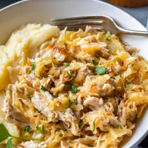 shredded pork and sauerkraut served in a bowl with mashed potatoes